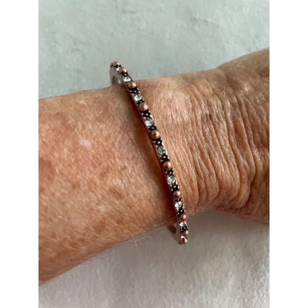 Vintage Rose Gold Tone Thin Bangle Bracelet Rhinestone & Beaded Detailing